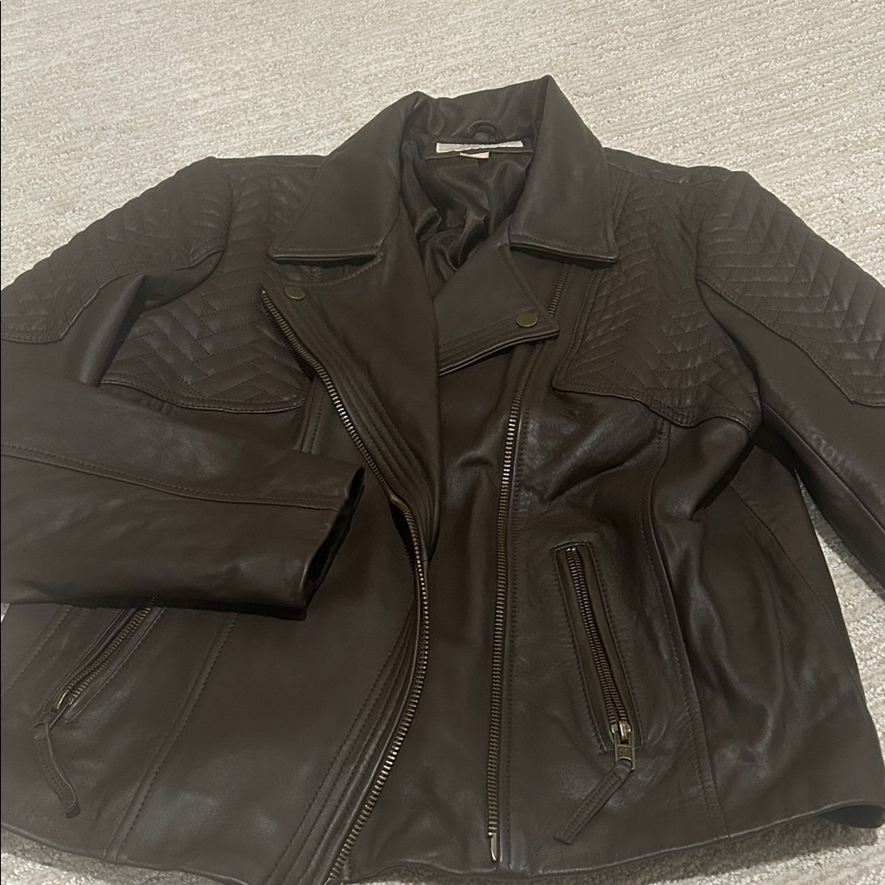Beautiful leather chocolate brown Michael kors moto coat